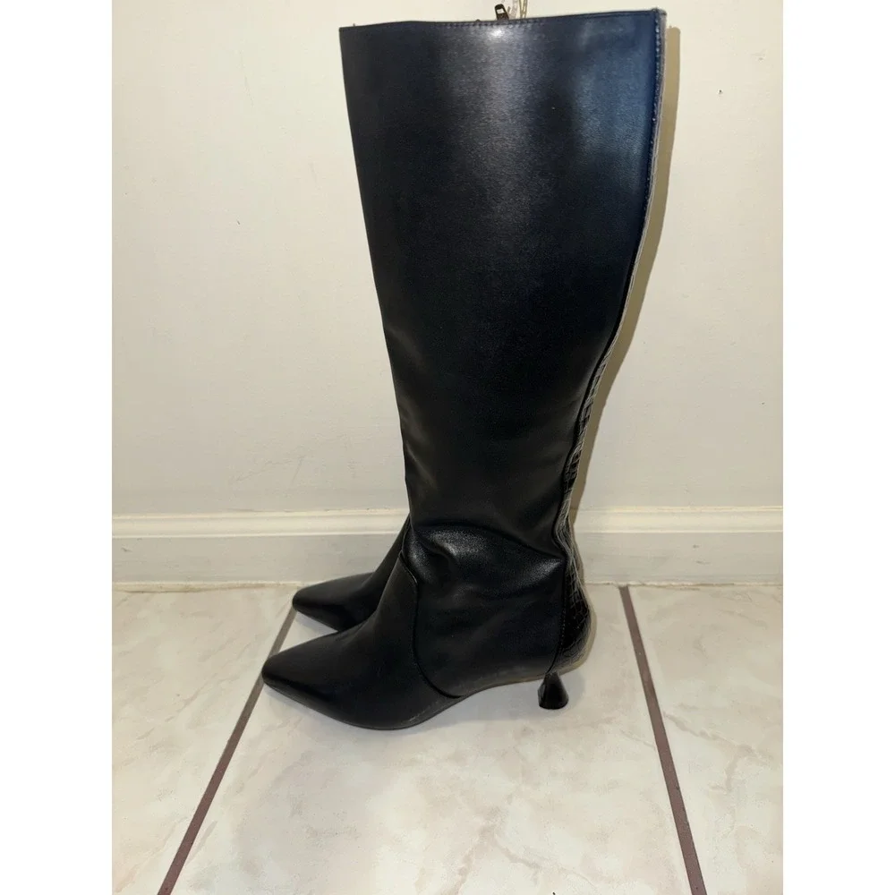 NWOB Alex Marie Sleek Black Kitten Heeled Boots Croc Leather Stripe Size 7 - Picture 5 of 11